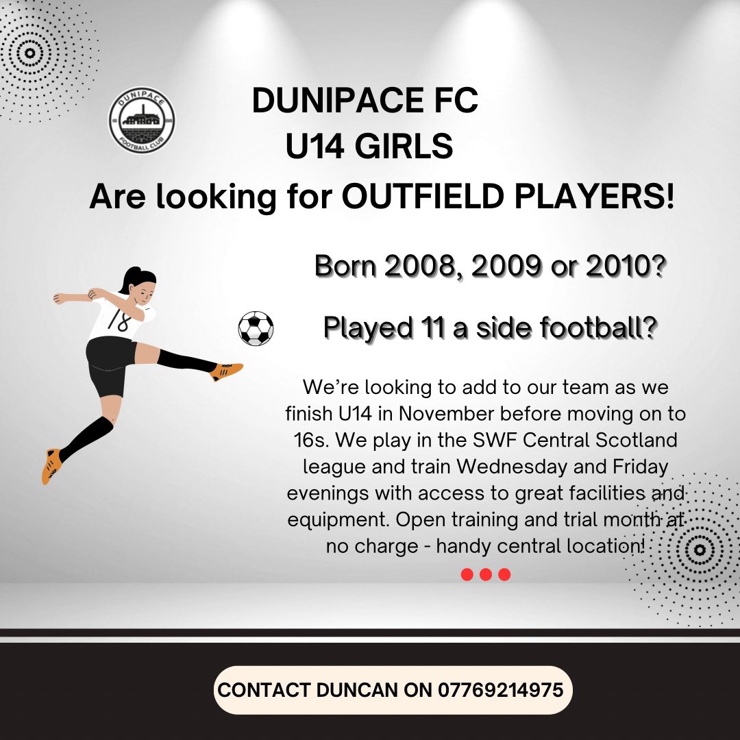 Please spread the word and share! We’re looking to add to our squad - players can come to open training Wednesday and Fridays and see what we have to offer ⚫️⚪️⚽️ <a href="/Jax_Mc_Media/">Jax Mc Media</a> <a href="/GirlsResults/">Scottish Football Results - Girls/Women</a> <a href="/Jax_Noticeboard/">Jax Mc Media Noticeboard</a>