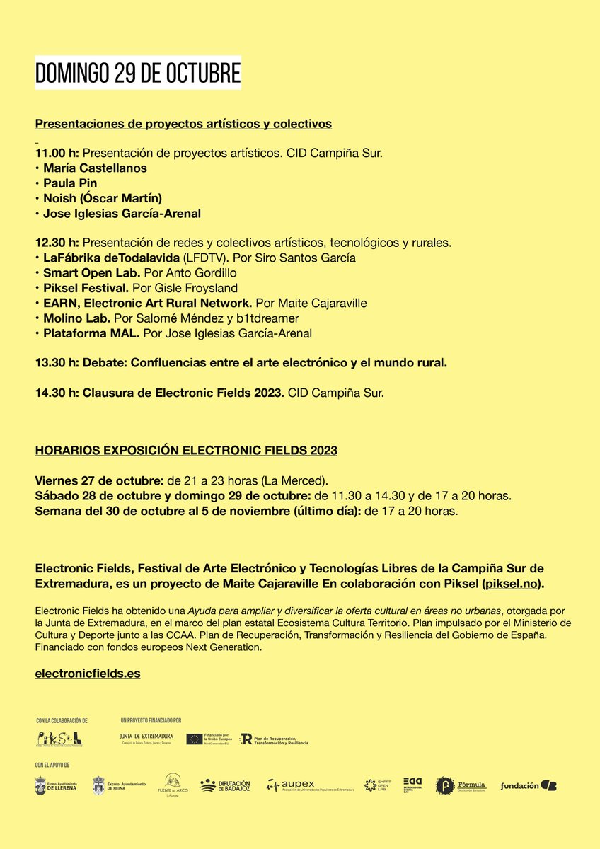 ¡Menos de 24 horas para que arranque <a href="/EFields_Fest/">Electronic Fields Festival</a>! 
¡Aquí va el programa para que no te pierdas nada! #arteelectrónico #tecnologíaslibres #CampiñaSur #Extremadura #performance #conciertos #arte
