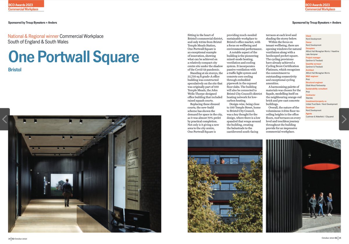 Great to see this winning the National and Regional Award for commercial workplace in the BCO Awards