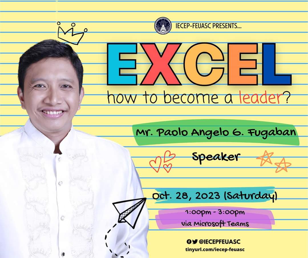 IECEPFEUA's tweet photo. Meet our speaker for our webinar called 𝗘𝗫𝗖𝗘𝗟: "𝗛𝗼𝘄 𝗧𝗼 𝗕𝗲𝗰𝗼𝗺𝗲 𝗔 𝗟𝗲𝗮𝗱𝗲𝗿?"

Learn from Mr. Fugaban by joining our webinar on October 28, 1:00 PM. Via MS Teams!

REGISTER NOW!
https://t.co/QUEpu6ZSOy

✍️: Denver Coleta
🗞: Elisha Gantan

#ExCEl
#IECEPFEUASC https://t.co/VSkOnBzQes