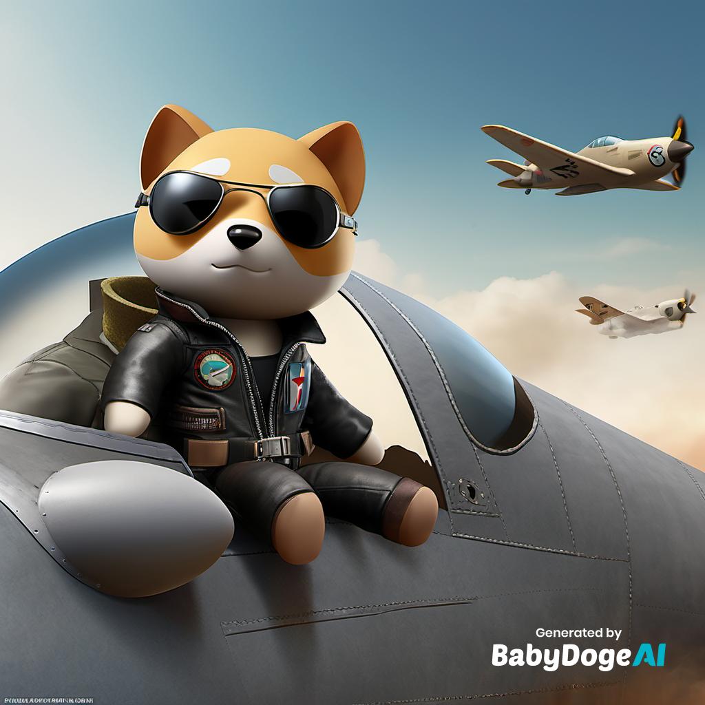BabyDoge's tweet photo. "BabyDoge, just like Captain Pete Maverick Mitchell, the protagonist in the movie Defenders, sitting in the side of the fighter plane." Generated via #BabyDogeAi Generate your own now at https://t.co/tyex8v7Qfm https://t.co/5PqW9POlqV