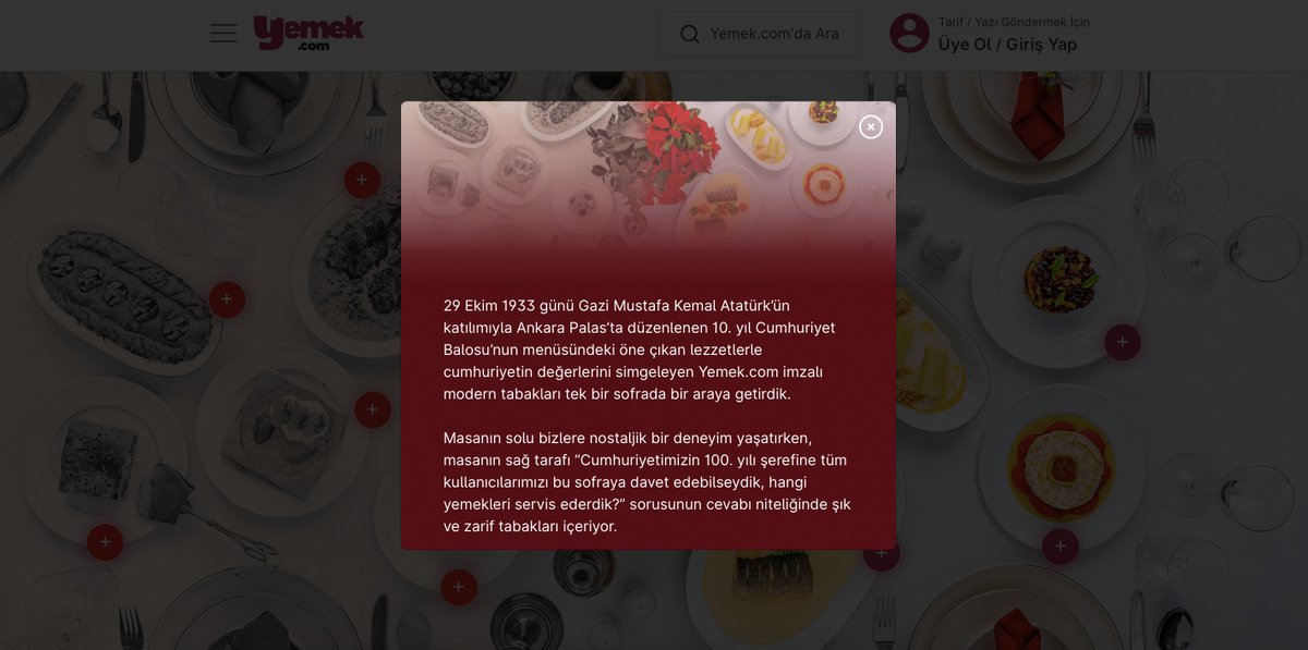 pmezgi's tweet photo. Cumhuriyetimizin 100.yılına özel olarak hazırlanan @yemekcom Anasayfası şahane olmuş.

Cumhuriyetimizin 100.yılının çoşkusunu online mecralarda da görmek beni mutlu ediyor. Umarım bu hafta sonu gönlümüzce kutlarız 😍 https://t.co/lpRKO28EI5