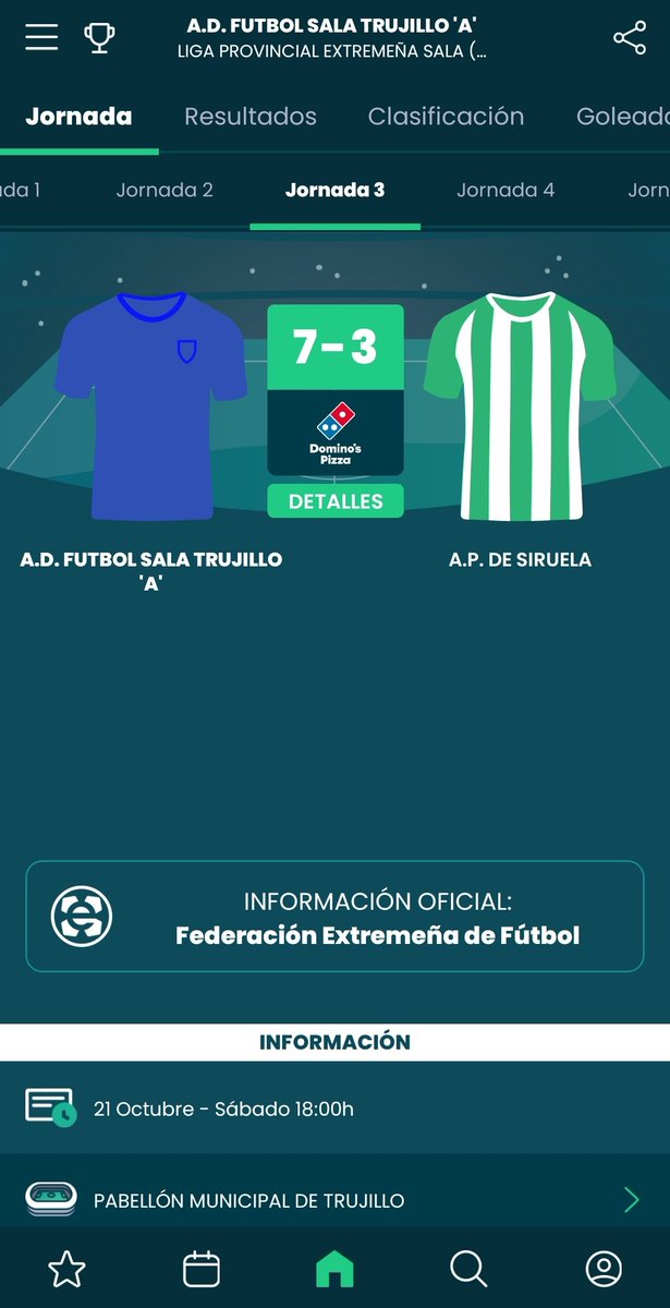 Jornada 3.

<a href="/Adfs_Trujillo/">AD Fútbol Sala Trujillo</a> 7️⃣ - 3️⃣ <a href="/SiruelaFutsal/">SIRUELA FUTSAL</a> 

Partido con resultado engañoso, ya que el encuentro fue muy disputado por los dos equipos, finalmente el equipo pudo conseguir los 3 puntos.

#TrujilloEsDeSala💙❤️