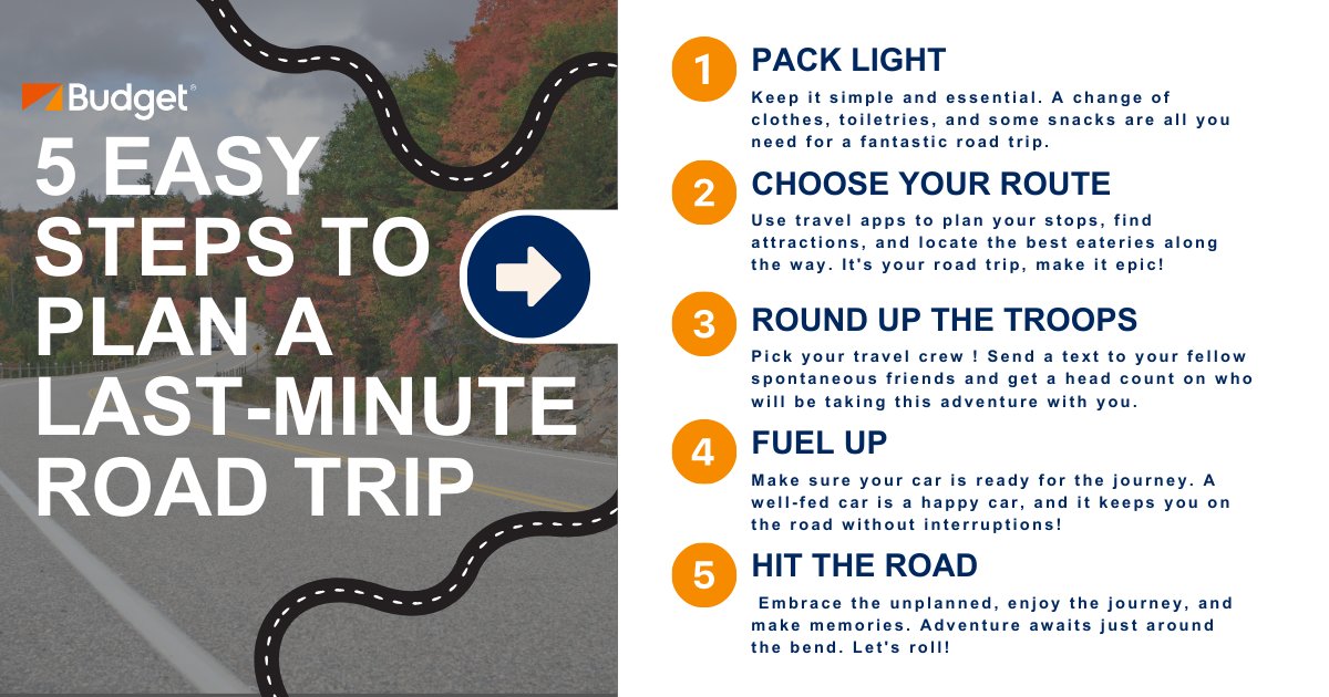 Dreaming of a spontaneous road trip? 🚗 Here's a quick guide on how to plan your last-minute adventure! Click to check out our last min deals to get you started: budget.com/en/offers/us-o… #budgetcarrental #weknowtheroad #roadtriptravel #carrental #roadtripplanning #vacationprep