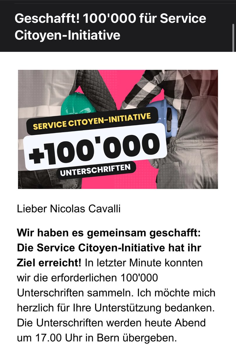 Sehr erfreulich! Mehr als 100‘000 Unterschriften zusammen - für einen liberalen Gemeinschaftsdienst an der Bevölkerung. 

Ich bin auf die politische Diskussion und den Abstimmungskampf gespannt 🤩 

#GLP #servicecitoyen #initiative