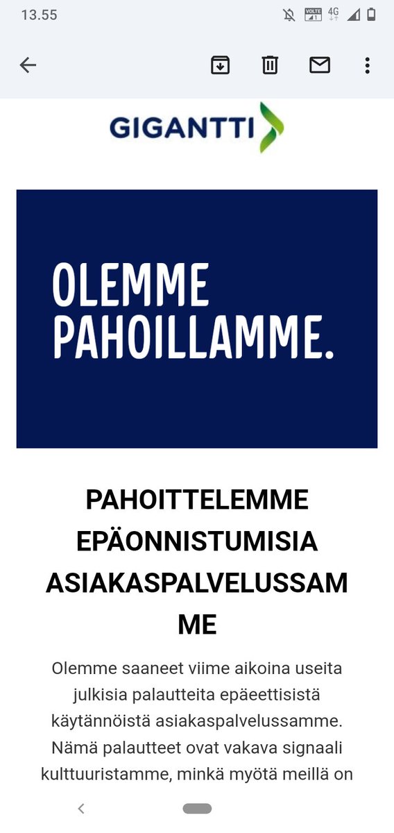 TuomasNyberg's tweet photo. Tällainen tuli. Ongelma on varmasti syvemmällä kuin asiakaspalvelussa.

En mene nyt Giganttiin. https://t.co/54YuDoxUnV