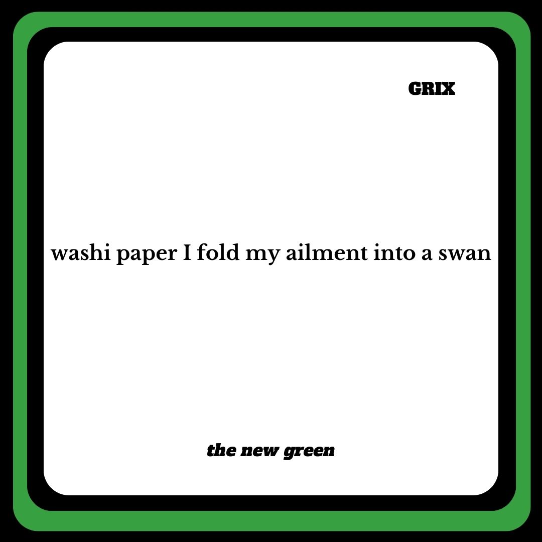 Here's a #chronichealth #senryu from @komadorihaiku from their book, the new green.

#Read it and more #poems here:
publ.cc/IMaLxY

#origami #swan #fightthestigma #disabilityawareness #chronicpainawareness