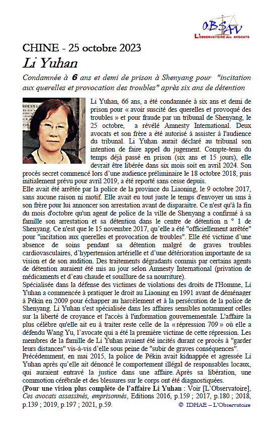idhae4's tweet photo. CHINE - 25 Octobre 2023
Li Yuhan
Condamnée à une peine de six ans et demi de prison à Shenyang avoir "cherché des querelles et provoqué des troubles" après six ans de détention...
#China #Lawyers https://t.co/V7kssCcKo9