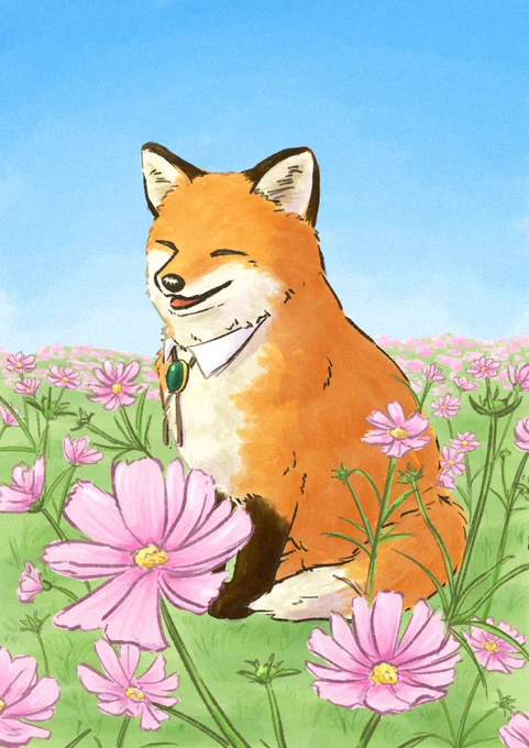 コスモス畑に来たキツネ#イラスト 