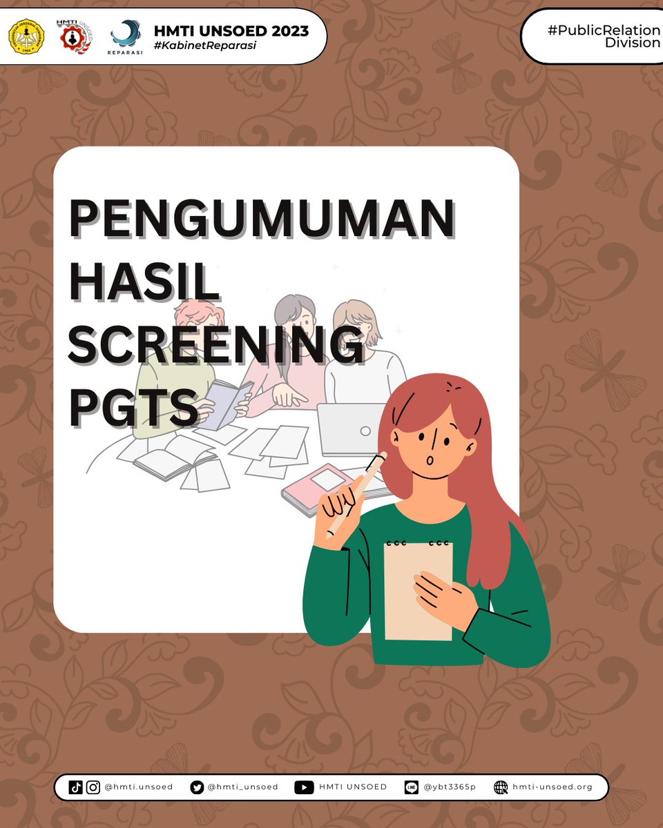 HMTI_Unsoed's tweet image. [PENGUMUMAN HASIL SCREENING PGTS]

Halo, prabu!👋
Terima kasih untuk semua peserta yang sudah berpartisipasi dalam Open Recruitment PGTS 2023, selamat dan semangat menjalankan tugas.

—————
HMTI UNSOED 2023
—————
#KabinetReparasi
#SalamUnity
#JayaJayaKorsa
#HMTIUnsoed2023