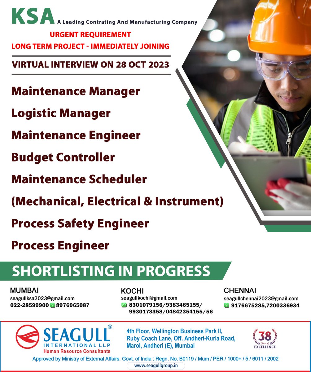 hrd1_seagull's tweet photo. 🇸🇦Ksa Jobs 
‼️Urgent Requirement - Immediate Joining
✔️Long Term Project - Shortlisting In Progress 
💻Virtual Interview On 28th October 2023
📍Location- Mumbai , Kochi , Chennai
.

.

.
#ksajobs #seagull #maintenancemanager #logisticmanager #processengineer https://t.co/x15e6PCwQ8