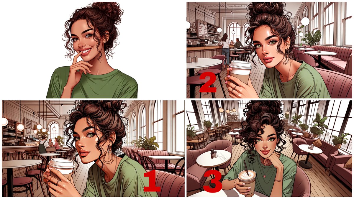 ai_for_success's tweet photo. DALL-E 3 Consistent Characters: Part 6 - The Final Chapter: Camera Angles and Shot Types!

🔖 Don't forget to bookmark this for a quick reference and share it with others.

Hello everyone!

We've reached the final part of our Hope's series. I hope it's been a valuable journey for you. In Part 5, we talked about the impact of emotions on consistency.

Before we dive in today, a quick heads-up:
With DALL-E 3's new seed feature, you'll need the exact prompt and seed to replicate an image. Otherwise, every prompt will yield a different result. For a deeper understanding, check out the two posts I shared yesterday:

1. "DALL-E-3's most significant feature update: Learn how to work with seed values."
2. "DALL-E-3 Seed and Consistency Myth: Can Consistency Be Achieved?
Both posts are crucial to understand how prompts influence your output, even with the same seed.

We know DALL-E 3 used 5000 as the default seed earlier. To get the same Hope image with the same prompt, I must use the seed now. (I've also written a short post on this titled "DALL-E 3: Simple Trick to Retrieve Identical Images from Older Prompts:")

Get ChatGPT ready for image creation. (You can start a new chat instance; there's no need to continue the old one).

<-- Prompt Start -->
Set Seed for all image as 5000 from now on.
We are going to work on camera angle and shot type and we still need to maintain consistency so we will follow this :
For activity-related images: (like hiking , reading book , walking etc)
[Base Prompt], [additional_details], [Camera Angle], [Shot Type] -identifier+1
For images focused solely on Hope:
[Base Prompt], [Camera Angle], [Shot Type] -identifier+1

Base Prompt is : llustration portrait of a 30-year-old American woman named Hope with her curly wavy hair styled in a bun

Important point: A certain level of consistency can be achieved using same seed by retaining the core characteristics of the subject and making only subtle alterations to the surrounding elements or environment.
As we want consistent character so when i ask for activity just add few words to describe the activity like for hiking add hiking in appropriate attire or playing in snow not more than 4-5 words under **additional_details**

We will Use combination of these whatever suits best for the scene:

Camera Angle: Eye-Level,Low Angle,High Angle,Bird's eye view

Shot Type: Wide Shot,Close-Up,Over-the-Shoulder Shot,Extreme Close-Up, Side-Profile

Identifier base value is 0000 and it must be incremented each image generation.
<-- Prompt End -->

1. Let's begin with a focus solely on Hope. In this, we will concentrate on Hope's face profile from different angles.

We achieved 90-95% consistency in this scenario using these combinations. (The numbers in the images show the prompt number.)
The reason is simple we made subtle change with fixed seed number. Camera Angle and Shot type is also very clear in each image .

1. Illustration portrait of a 30-year-old American woman named Hope with her curly wavy hair styled in a bun, Low Angle, Extreme Close-Up -0019
2. Illustration portrait of a 30-year-old American woman named Hope with her curly wavy hair styled in a bun, High Angle, Side-Profile -0020
3. Illustration portrait of a 30-year-old American woman named Hope with her curly wavy hair styled in a bun, Eye-Level, Side-Profile -0023
4. Illustration portrait of a 30-year-old American woman named Hope with her curly wavy hair styled in a bun, High Angle, Wide Shot -0026

Consistency dropped a lot in this example (The numbers in the images show the prompt number.)
The reason for this change, even with the same seed, is explained in my post about seed and consistency.
1. Illustration portrait of a 30-year-old American woman named Hope with her curly wavy hair styled in a bun, Eye-Level, Close-Up -0017
2. Illustration portrait of a 30-year-old American woman named Hope with her curly wavy hair styled in a bun, Eye-Level, Wide Shot -0016
3. Illustration portrait of a 30-year-old American woman named Hope with her curly wavy hair styled in a bun, High Angle, Close-Up -0021

2. Now, let's shift our attention to an activity scene. Here, we'll depict Hope engaged in an activity. For this example, I've chosen a scene where she's drinking coffee in a cafe.

We achieved 85-95% consistency in this scenario using these combinations. (The numbers in the images show the prompt number.)

1. Illustration portrait of a 30-year-old American woman named Hope with her curly wavy hair styled in a bun, wearing a green t-shirt, drinking coffee in a cafe, Eye-Level, Close-Up -0029
2. Illustration portrait of a 30-year-old American woman named Hope with her curly wavy hair styled in a bun, wearing a green t-shirt, drinking coffee in a cafe, High Angle, Close-Up -0035
3. Illustration portrait of a 30-year-old American woman named Hope with her curly wavy hair styled in a bun, wearing a green t-shirt, drinking coffee in a cafe, Low Angle, Close-Up -0031
4. Illustration portrait of a 30-year-old American woman named Hope with her curly wavy hair styled in a bun, wearing a green t-shirt, drinking coffee in a cafe, Bird's eye view, Close-Up -0038

Consistency dropped a lot in this example (The numbers in the images show the prompt number.)

1. Illustration portrait of a 30-year-old American woman named Hope with her curly wavy hair styled in a bun, wearing a green t-shirt, drinking coffee in a cafe, Low Angle, Over-the-Shoulder Shot -0034
2. Illustration portrait of a 30-year-old American woman named Hope with her curly wavy hair styled in a bun, wearing a green t-shirt, drinking coffee in a cafe, Eye-Level, Over-the-Shoulder Shot -0033 
3. Illustration portrait of a 30-year-old American woman named Hope with her curly wavy hair styled in a bun, wearing a green t-shirt, drinking coffee in a cafe, Bird's eye view, Wide Shot -0037

Conclusion :
Using a same seed doesn't guarantee consistency. a certain level of consistency can be achieved using same seed by retaining the core characteristics of the subject and making only subtle alterations to the surrounding elements or environment.

That's all for today. Follow me for future updates, cool AI discoveries, and the best ways to write prompts. Share this with others.