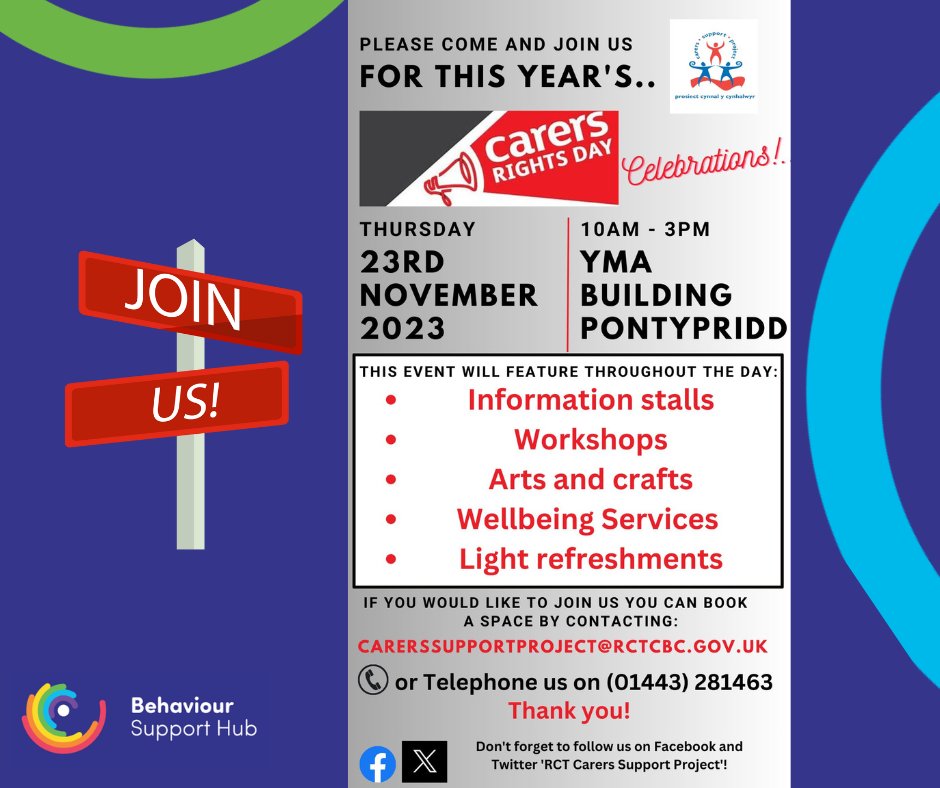 Behaviour Support Hub (@behaviourhub) on Twitter photo We are delighted to be attending the <a href="/RCTCarerProject/">Cynllun Cynhalwyr RhCT / RCT Carers Support</a> #CarersRightsDay on 23rd November <a href="/YMaArlein/">YMa</a> in #Pontypridd.
We hope to see many of our families attending.
Booking is essential, please book directly at CarersSupportProject@rctcbc.gov.uk or by telephone (01443) 281463. We are delighted to be attending the <a href="/RCTCarerProject/">Cynllun Cynhalwyr RhCT / RCT Carers Support</a> #CarersRightsDay on 23rd November <a href="/YMaArlein/">YMa</a> in #Pontypridd.
We hope to see many of our families attending.
Booking is essential, please book directly at CarersSupportProject@rctcbc.gov.uk or by telephone (01443) 281463.