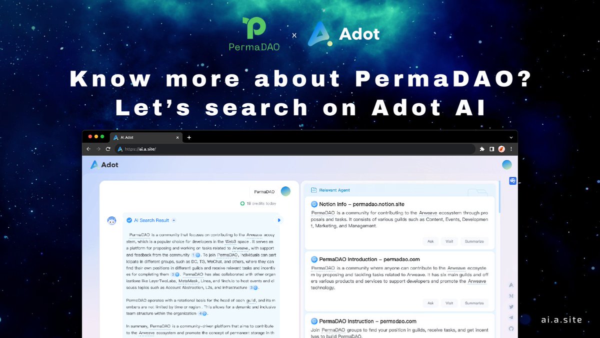 Adot_web3's tweet photo. 🌈We are honored to announce our partnership with
@perma_dao @perma_daoCN to make a successful onboarding at #AdotAI, which helps more users better explore the #Web3 world.
Want to learn more? Join Adot official community to receive an invitation code
https://t.co/rNfGOc05PF https://t.co/TLDDjh9gng