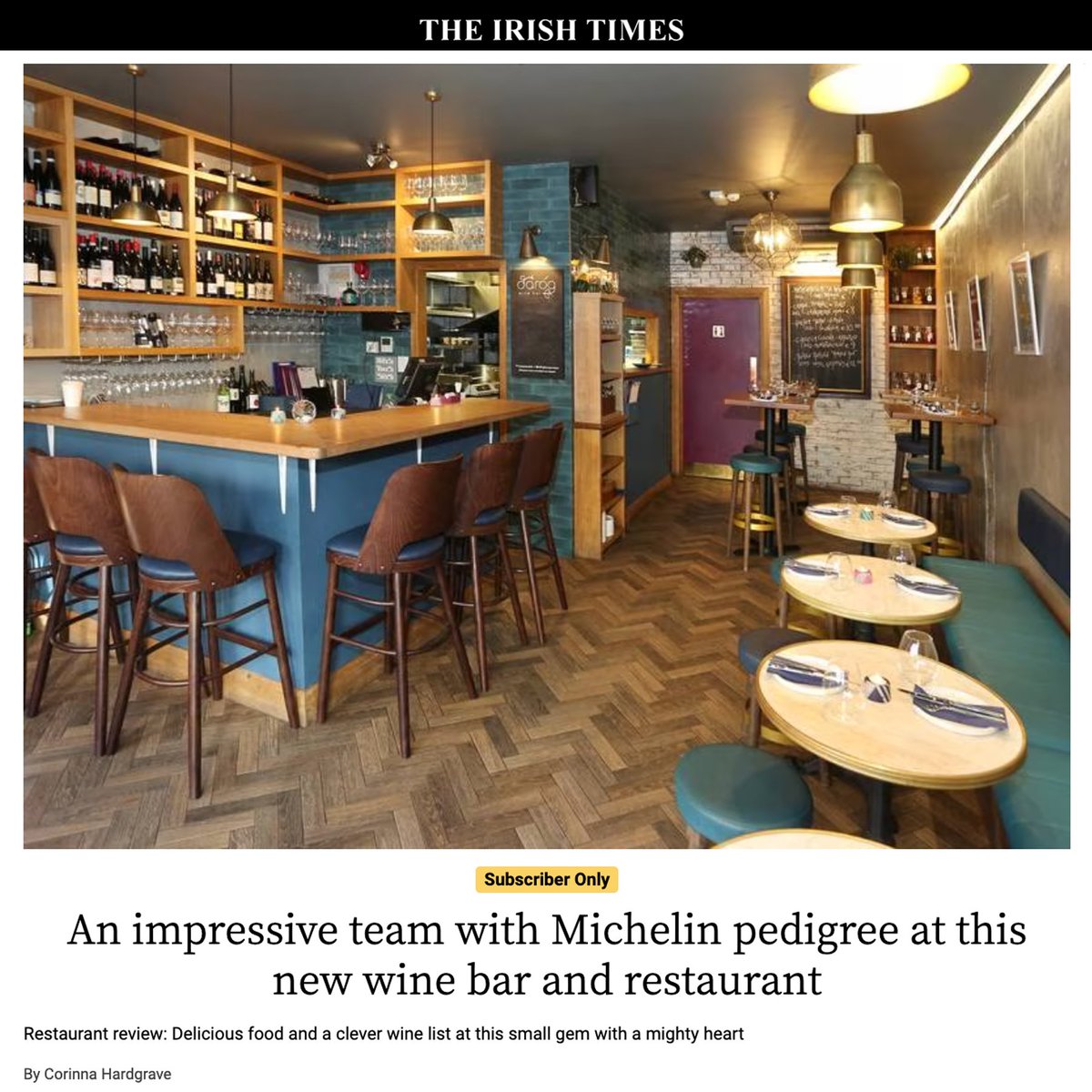 Thank you to Corinna Hardgrave (<a href="/CorinaHardgrave/">Corinna Hardgrave</a>) of The Irish Times (<a href="/irishtimesnews/">Irish Times News</a>) for the wonderful review of our wine bar, we are so grateful! We are delighted that you enjoyed your evening with us.

👏🏼 Well done to all the team, you’re all amazing! 👏🏼