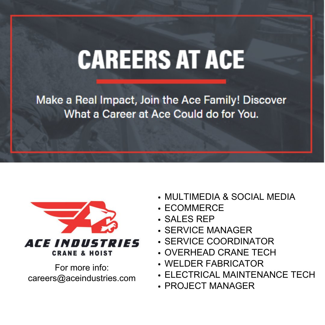 Are you determined to work harder than anyone you know to get great results? Find your place at Ace! bit.ly/3dOwflc
#Marketing #SalesRep #ServiceManager #OverheadCraneTech #WelderFabricator #ElectricalMaintenanceTech #FieldService #ProjectManager