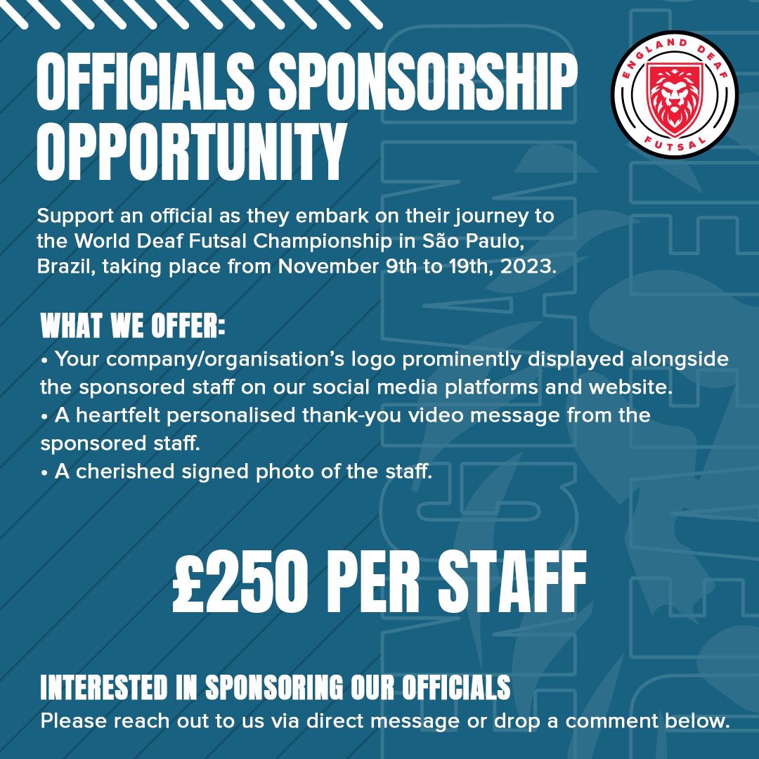 FutsalLeon's tweet photo. 𝗘𝗡𝗚𝗟𝗔𝗡𝗗 𝗜 🏴󠁧󠁢󠁥󠁮󠁧󠁿 Join us on this exciting journey &amp; support the officials.

🗣️Did you know the gaffer sponsorship still available? 📝🙋

If you're interested, can help in any way or want to get your business involved, please DM me. 🏃‍♂️💨 @engdeaffutsal

#OneTeamOneGoal  💯⚽ https://t.co/GGliU7e6vG