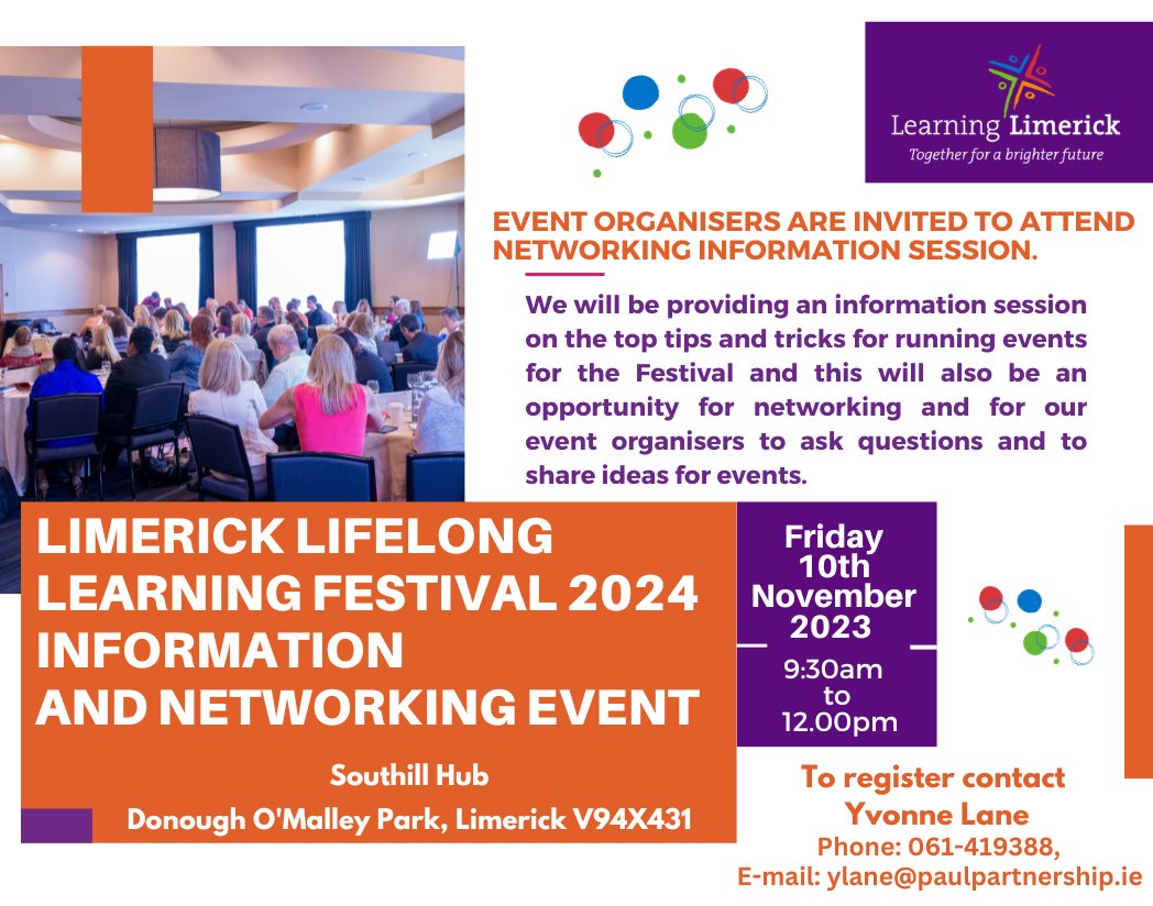 Learning Limerick (@limklearnfest) on Twitter photo Learning Limerick is hosting a LLL Festival coffee morning โ๏ธand networking event on Friday 10th November in <a href="/Southill1/">Southill Hub</a> - the start of getting ready for 2024! Register with Yvonne Lane or on Eventbrite: -eventbrite.ie/e/limerick-lifโฆ Learning Limerick is hosting a LLL Festival coffee morning โ๏ธand networking event on Friday 10th November in <a href="/Southill1/">Southill Hub</a> - the start of getting ready for 2024! Register with Yvonne Lane or on Eventbrite: -eventbrite.ie/e/limerick-lifโฆ