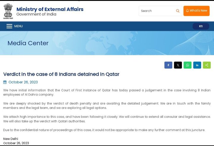 ExtraCommando's tweet photo. Big Blow to #India . Another #Indian #Espionage case.
🔺
8 x Indians detained by #Qatar in espionage case have been given death penalty by Court of First Instance of Qatar. https://t.co/4Bv52Wj9r0