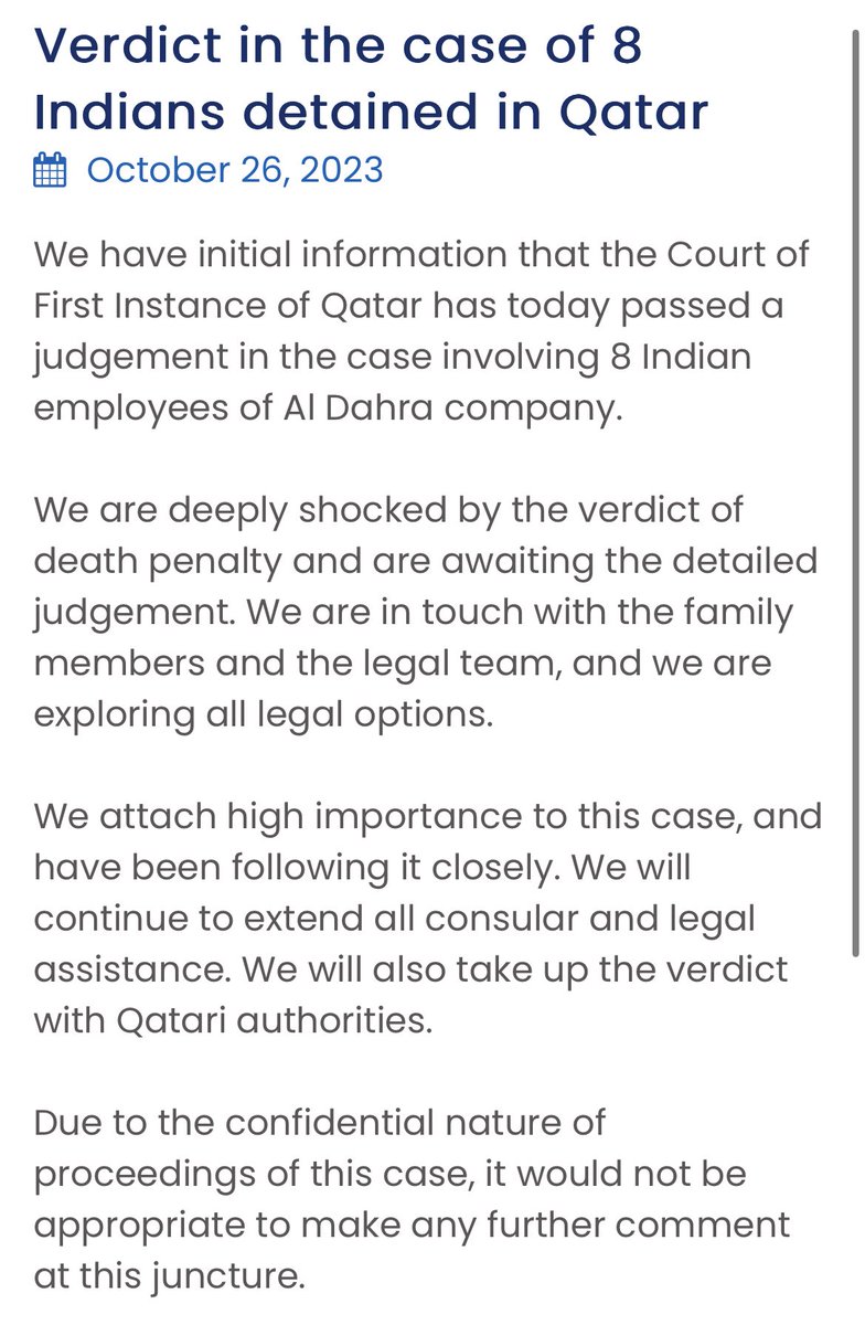 ShreyaOpines's tweet photo. This is BIG! 8 Indians in #Qatar given Death Sentence. https://t.co/xtLTPanNz8