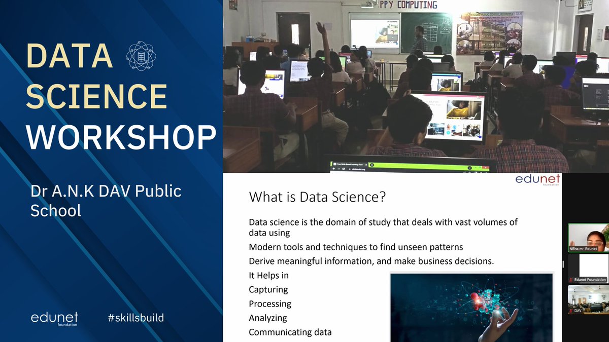 Edunet Foundation conducted IBM SkillsBuild Orientation Session with Dr. A.N.K DAV School, Rourkela, on October 7 '23. 130+ students participated in this workshop, providing them with an introduction to the fundamentals and significance of Data Science!

#skillsbuild