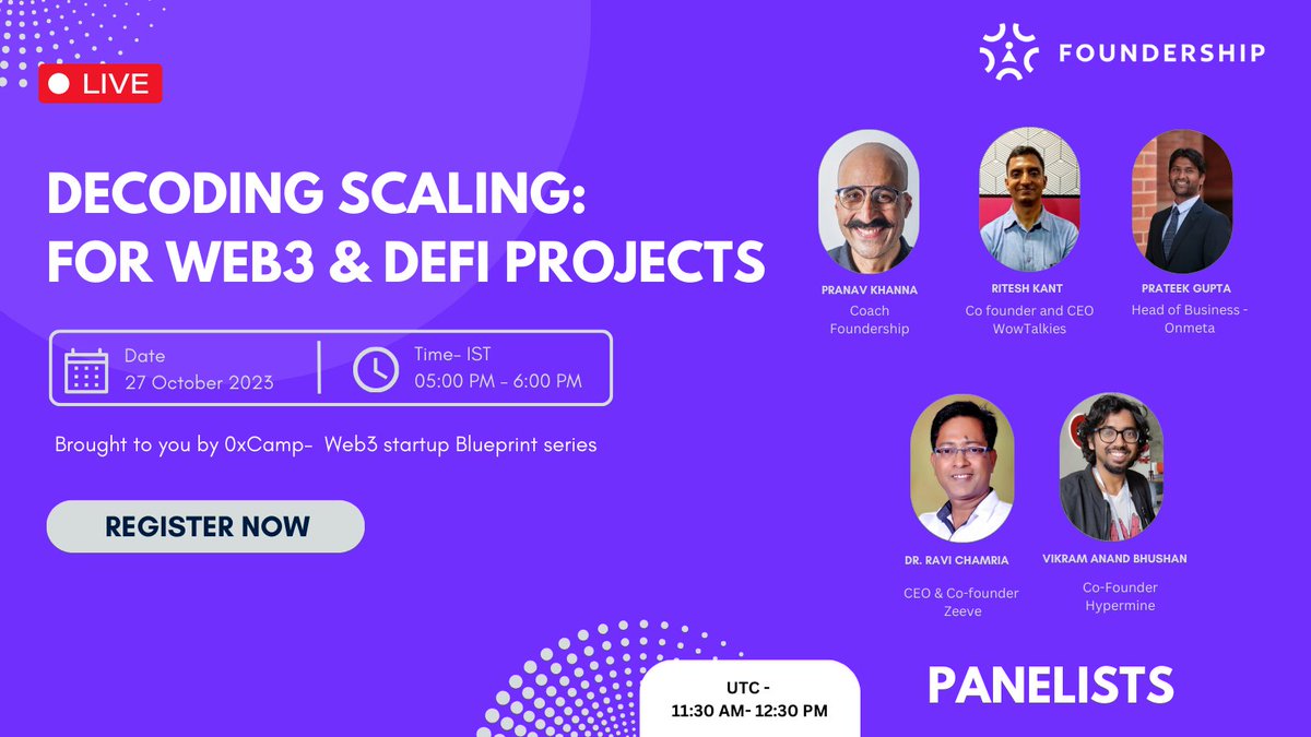📢New session alert: Web 3 startup Blueprint

Session on:
 Decoding Scaling: For Web 3 &amp; DeFi Projects🚀🤩

If you're a DeFI and Web 3 project and want to:

Understand how scaling works from tech, and market perspectives, this is your chance.

Don't miss out!

Glimpse of some