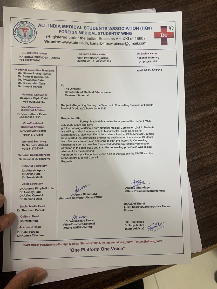 apurva_999's tweet photo. One more work accomplished.
Kudos to all the team work.✅
June Batch 2023 got a relaxation and direction through  Ministry of Medical Education,Maharashtra as they were facing seat vacancies issue for internship &amp; as per the National Medical Commission rules. @official_aimsa https://t.co/Kk2joL2ipS
