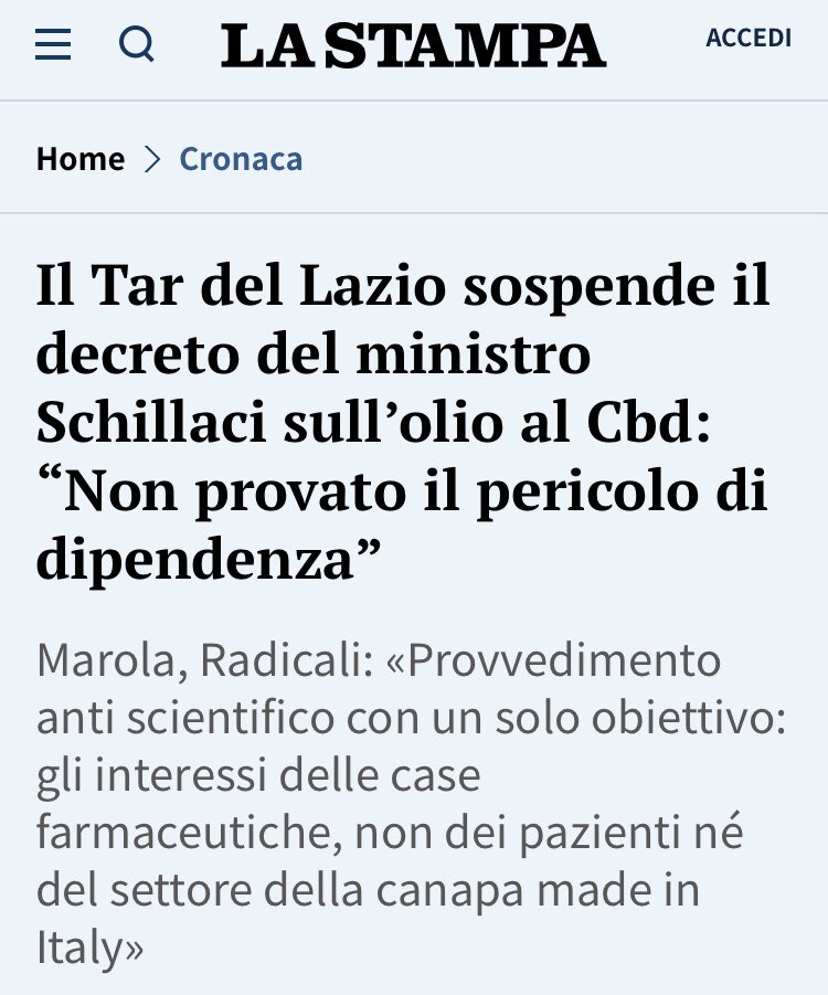 «Quanto denunciavamo noi Radicali al momento della pubblicazione del decreto Schillaci trova conferma nel giudizio provvisorio del Tar. Decreto raffazzonato e senza nessuna evidenza scientifica e logica, se non assecondare gli interessi delle case farmaceutiche”

<a href="/Radicali/">Radicali Italiani</a>  #CBD