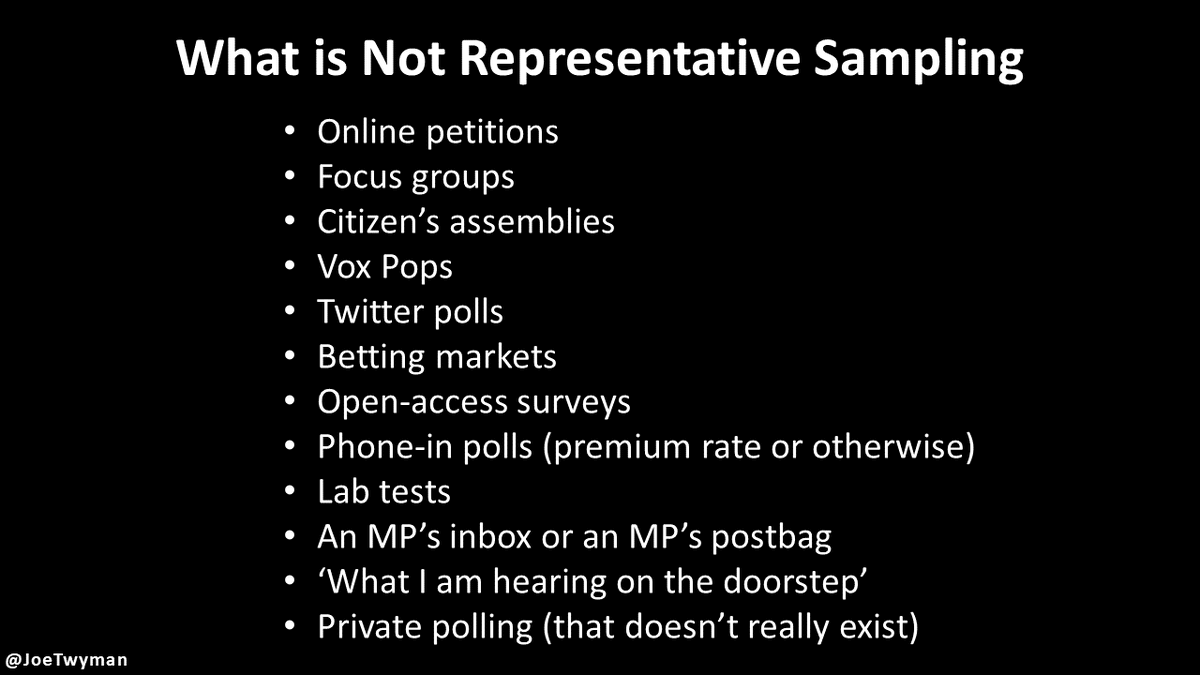 JoeTwyman's tweet image. Representative sampling delivers data that accurately represents and reports the opinions of the population it is trying to research.
Given a number of recent examples I feel compelled to send out this slide from my 'Making Numbers Count' presentation on evaluating samples.