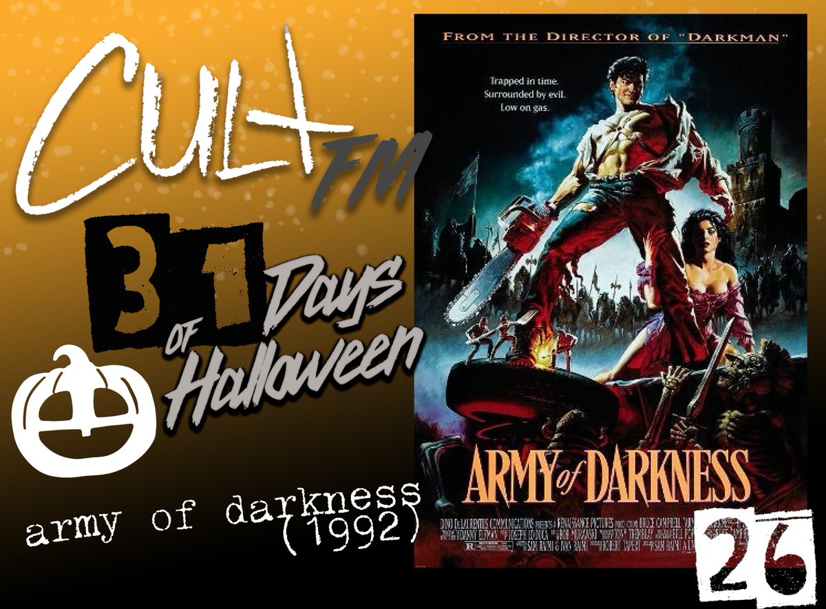 CultFMpod's tweet photo. Day 25 of the #CultFMHorrorChallenge is 1992's 𝐀𝐑𝐌𝐘 𝐎𝐅 𝐃𝐀𝐑𝐊𝐍𝐄𝐒𝐒 🧟‍♀️🧟‍♂️

Don't forget to let us know your thoughts on this #Horror flick!

#31DaysOfHorror #31DaysofHalloween https://t.co/5ZUYKY8wDb