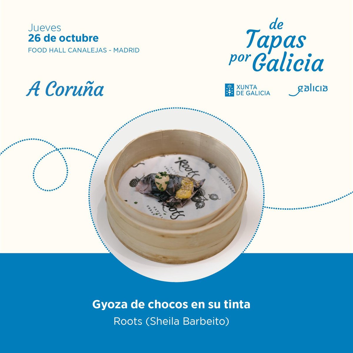 Terminamos "DeTapas por Galicia" en <a href="/GC_Canalejas/">Galería Canalejas</a> en Madrid con una Gyoza de chocos en su tinta preparada por Sheila Barbeito, del restaurante <a href="/rootscoruna/">RootS</a> de #ACoruña. Un sabor muy gallego y, por supuesto, coruñés.

Si estás en Madrid, ¡aprovecha hoy para probarlo!

#Galicia