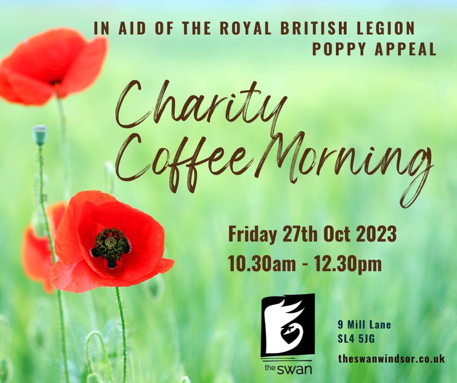 Tomorrow's Charity Coffee Morning is in aid of the Royal British Legion's Poppy Appeal. Coffee and Cake for just £5, plus poppies available.
#TheSwan #TheSwanInClewer #Clewer #Dedworth #PubsInWindsor #WindsorPubs #CommunityPub #CoffeeAndCake #RoyalBritishLegion #PoppyAppeal