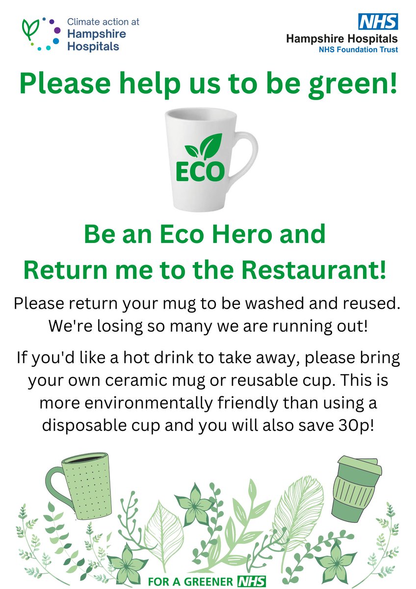 Please help us to provide a low waste and eco-friendly service by returning your mug to the kitchen! *Reduce* *Reuse* *Recycle* 🌍♻💚