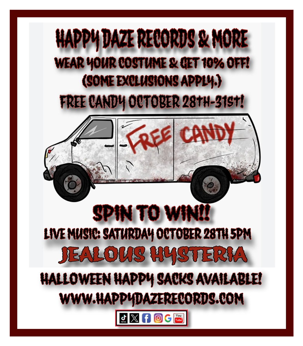 happydazerecord's tweet photo. This weekend!! 
🤘🎃🤘
#happydazerecords #getyousomehappy #indierecordstores #supportlocalrecordstores #supportsmallbusiness #Halloween #livemusic #happydazerecordsstage #jealoushysteria https://t.co/ZDB3sV2SBz