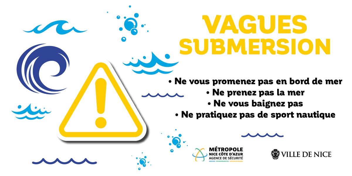 VilledeNice's tweet photo. ⚠️🌊 @meteofrance a placé les #AlpesMaritimes en vigilance jaune pour le phénomène Vague-submersion ce jeudi 26 octobre à partir de 19h et jusqu’au vendredi 27 octobre à 10h.

🔴 Le sentier du littoral sera fermé à partir de 18h.

#Nice06 #NiceCotedAzur https://t.co/Ou6NxkTR2E