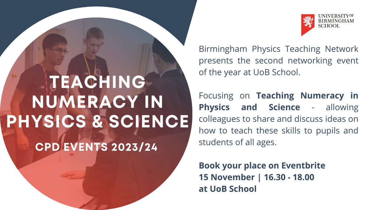 📢Workshop: Teaching Numeracy in Physics &amp; Science. A #networking &amp; CPD event for professionals teaching &amp; supporting #physics in schools:
🗓️ 15 November
🕟 16.30 - 18.00
📍 UoB School
Find out more &amp; book your place: tinyurl.com/physicsatuobs2

#schools #edutwitter #science #cpd