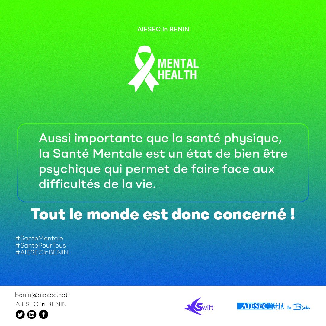 AIESECinBENIN's tweet photo. Par ce qu'il est important d'avoir une jeunesse en bonne santé, nous en parlons.

Il n'y a pas une bonne santé de la personne sans une santé mentale positive.

#SantePourTous
#SanteMentale
#10Octobre
#JourneeMondialeDeLaSante
#McSwift
#AIESECinBENIN https://t.co/a7WSOr7fac