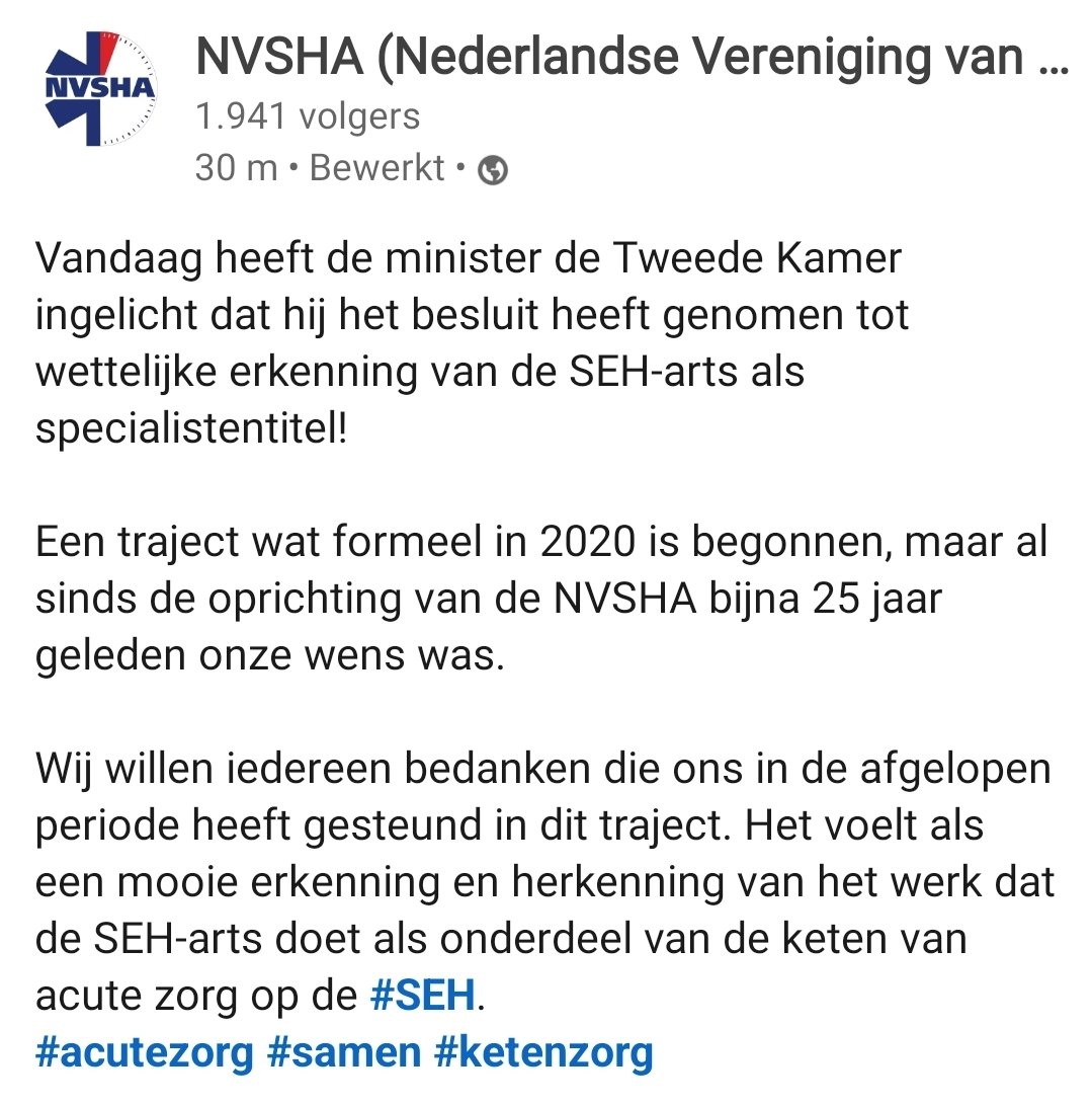 Demissionair minister Ernst Kuipers heeft vandaag de Tweede Kamer ingelicht dat hij heeft besloten om de SEH-arts officieel als medisch specialist te erkennen!

25 jaar nadat de SEH-arts in NL werd geïntroduceerd, is deze spin in het acute zorgweb niet meer weg te denken 🥳