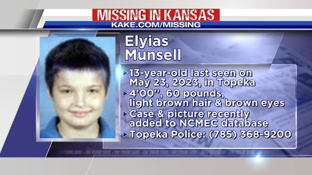 Please #Repost this @MissingInKansas for Elyias Munsell, 13, last seen 5+ months ago! His case just added to @MissingKids. kake.com/story/49894691… #MissingInKS #KAKENews

<a href="/TheJusticeDept/">U.S. Department of Justice</a> <a href="/CondeNast/">Condé Nast</a> <a href="/netflix/">Netflix</a> <a href="/hulu/">Hulu</a> <a href="/iHeartRadio/">iHeartRadio</a> <a href="/kshighwaypatrol/">KS Highway Patrol</a> <a href="/PrimeVideo/">Prime Video</a> @hbo @cnn <a href="/ABC/">ABC News</a> <a href="/ABC2020/">20/20</a>