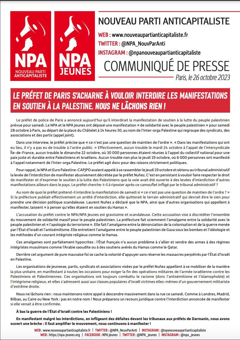armelle_pertus's tweet photo. 🛑Le préfet #Paris s’acharne à vouloir interdire les #manif en soutien à la #Palestine 🔥Nous ne lâchons rien!
Ns maintenons notre appel à descendre massivement ds la rue samedi #28oc📣
#NPA prépare recours juridique contre l’interdiction annoncée si elle venait à être confirmée https://t.co/0L83Tjjjpt