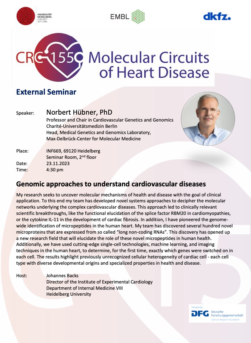 CRC1550 (@crc1550) on Twitter photo The last guest speaker of our <a href="/CRC1550/">CRC1550</a> seminar series this year will be Norbert Hübner from <a href="/MDC_Berlin/">Max Delbrück Center</a> <a href="/ChariteBerlin/">Charité - Universitätsmedizin Berlin</a>. Join us on Nov, 23rd (AZIII) for an exciting talk about genomic approaches to study molecular networks underlying CVD. The last guest speaker of our <a href="/CRC1550/">CRC1550</a> seminar series this year will be Norbert Hübner from <a href="/MDC_Berlin/">Max Delbrück Center</a> <a href="/ChariteBerlin/">Charité - Universitätsmedizin Berlin</a>. Join us on Nov, 23rd (AZIII) for an exciting talk about genomic approaches to study molecular networks underlying CVD.