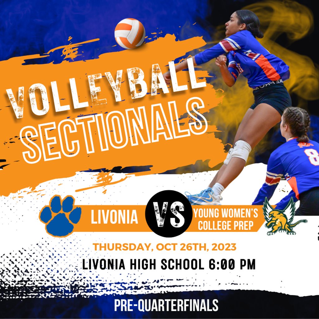 🏐Let's go, Dawgs! Volleyball starts its sectional run tonight in Livonia at 6 PM vs Young Women's College Prep in the Pre-Quarterfinals! Livonia is seeded 2nd!  There is no cost for tonight's home game match-up.
