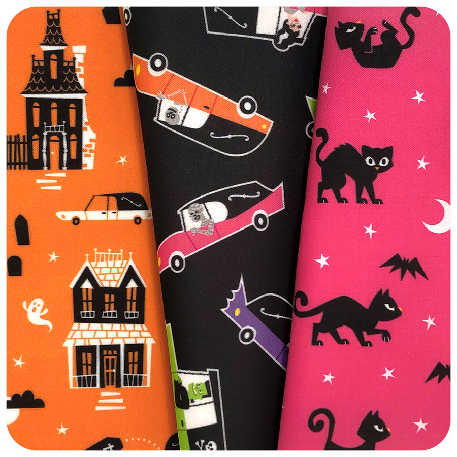 Hangin’ out with another #HipHalloween fabric combo today, just CREEPIN’ it real! #halloween #happyhalloween #halloweentime #halloweeneveryday #halloweenfabric #spookysewing #ilovetosew #psychobilly #glamourghoul #gothgirl #hearse #haunted #blackcat #spoonflower #calebgraystudio