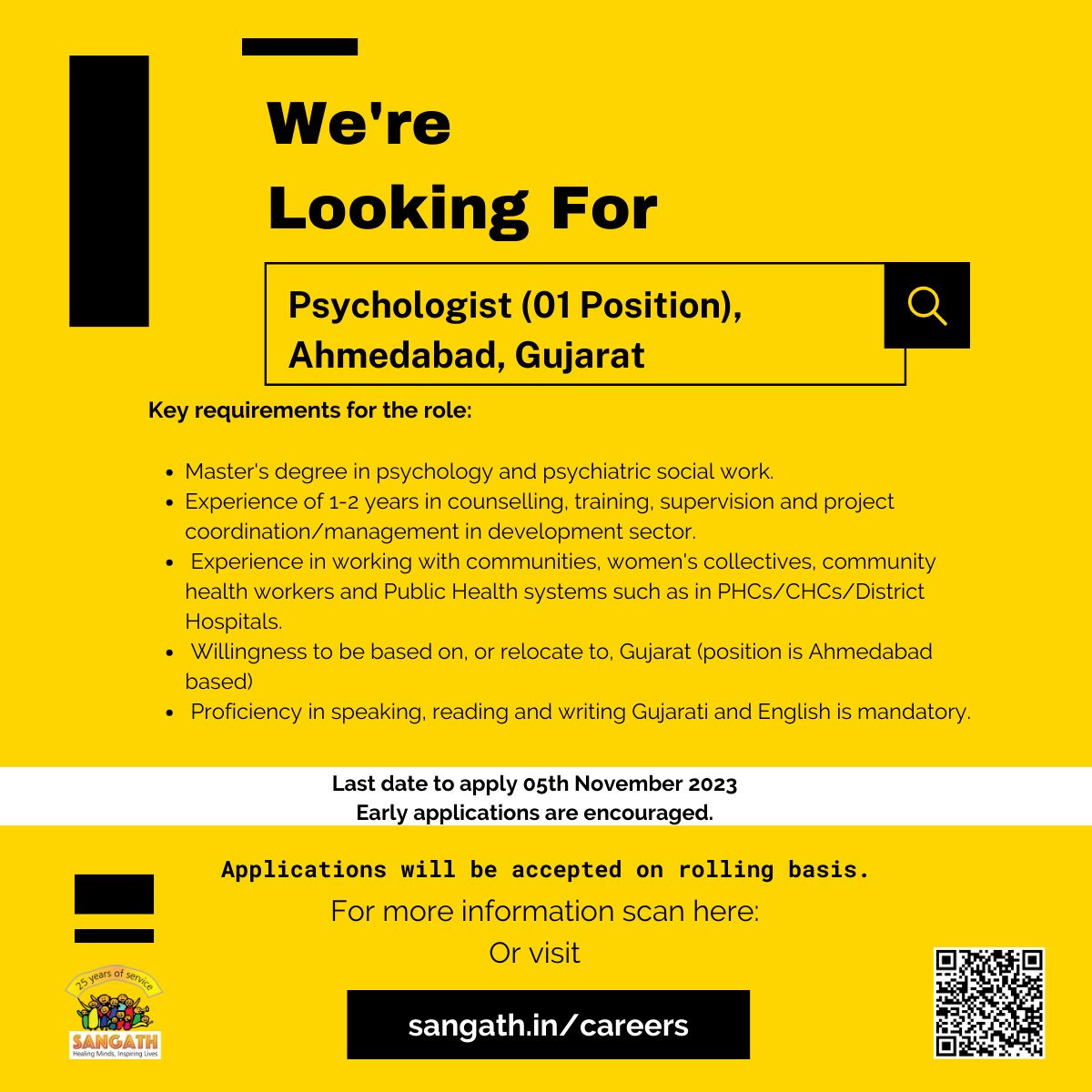 We are looking for a Psychologist for our Sangini SEWA project. Positions : 01 Location: Ahmedabad, Gujarat. Apply before 05th November 2023, through google link bit.ly/PsychologistSE… For details, visit sangath.in/careers/ #hiring #hiringnow #hiringimmediately