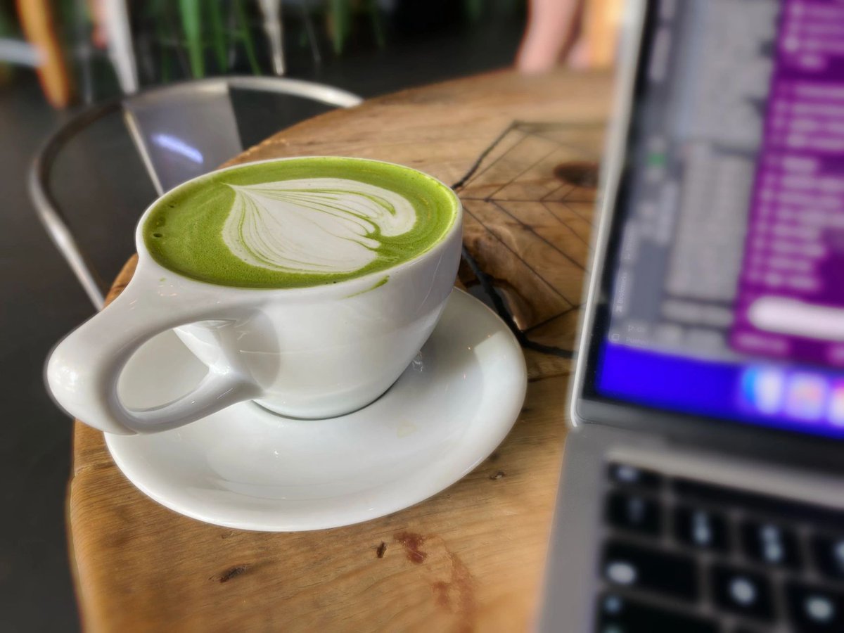With a cup of Matcha latte on break from work at the coffee shop🍵🍵