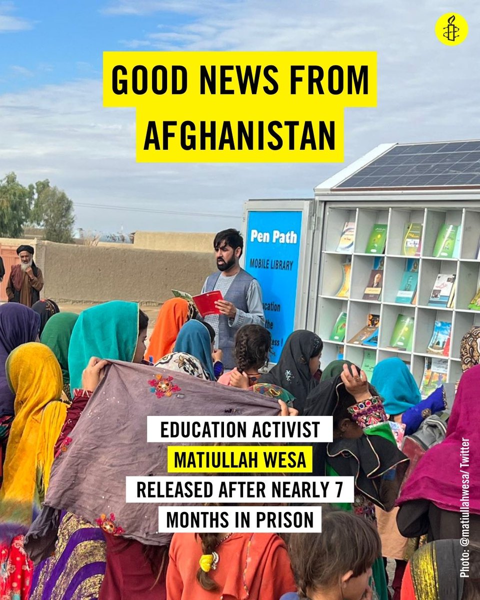 GOOD NEWS FROM AFGHANISTAN 🎉 Education activist @matiullahwesa is released after nearly 7 months in prison. He should never have been jailed for promoting girls right to education. Thank you to all who worked tirelessly,including those who campaigned through our Urgent Action.