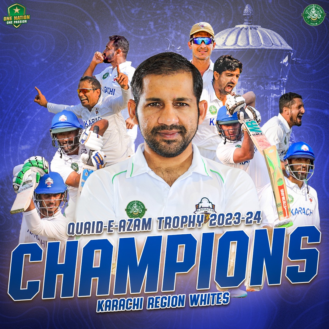 🏆 CHAMPION KAPTAAN 🏆 Karachi Region Whites led by @sarfaraz54 wins the Quaid-e-Azam Trophy 2023-24 @sarfaraz54 👊 🏆 2️⃣0️⃣0️⃣6️⃣ U-19 WC Winner 🏆 2️⃣0️⃣1️⃣7️⃣ CT17 Winner 🏆 2️⃣0️⃣1️⃣9️⃣ PSL Winner 🏆 2️⃣0️⃣2️⃣3️⃣ QET Winner 🎖 1️⃣1️⃣ Consecutive T20I Series Win for 🇵🇰 #ShaanePakistan