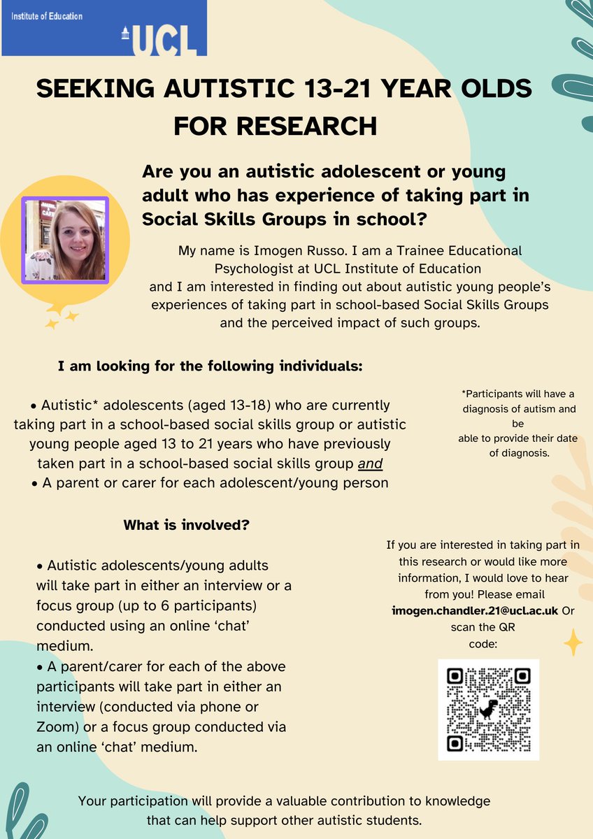 For my doctoral research, I am looking into the experiences of #autistic 13-21 year olds who have taken part in #socialskills groups in schools, and those of their parents/carers. 

Please share!
#ActuallyAutistic #AskingAutistics
