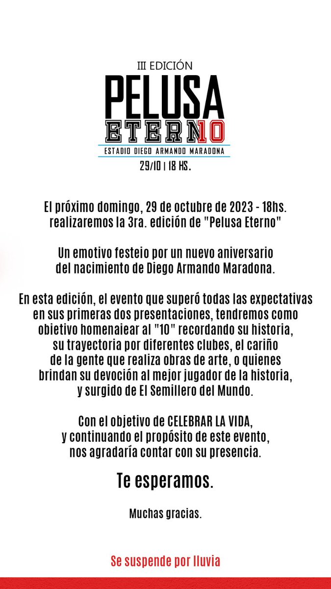 #D10SCumple ⚽️🔟💙

Nada mejor que festejar el aniversario del nacimiento de Diego en el estadio que lleva su nombre en La Paternal.

“Pelusa Eterno” 3ra Edición
🏟️ Diego Armando Maradona
🗓️ Domingo 29/10 18 hs.
   Entrada libre y gratuita
“Maradonicemos al Mundo” 🌎🔟
