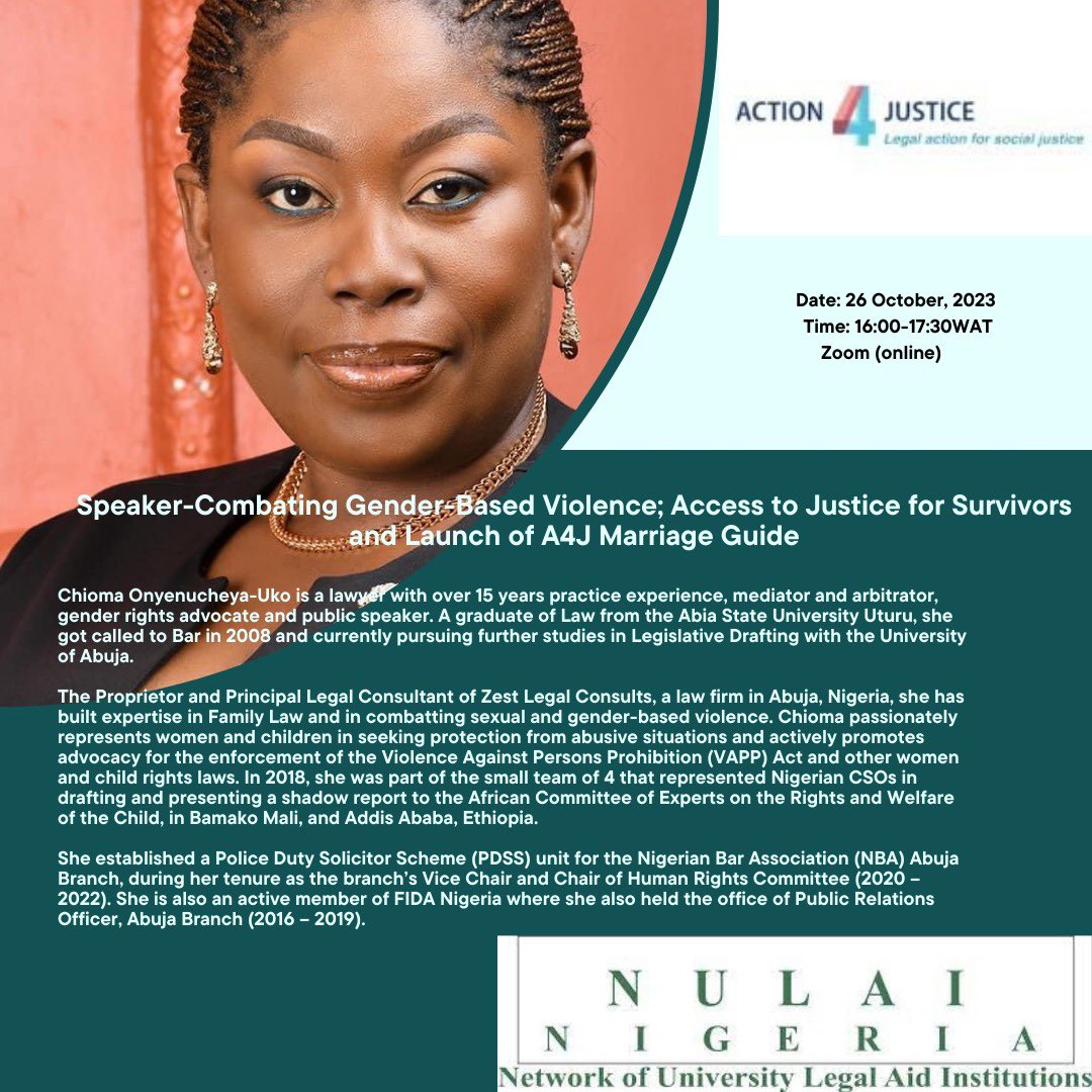 A4JCSO's tweet photo. Join us today for the launch of the A4J Marriage Guide and session on GBV with @NULAINigeria. 

We will be joined by an experienced Lawyer in the gender equality space. Mrs Uko will speak on how justice can be accessed by survivors of GBV.

Register here: https://t.co/pl3TSsuHkf https://t.co/PPksEQUx86